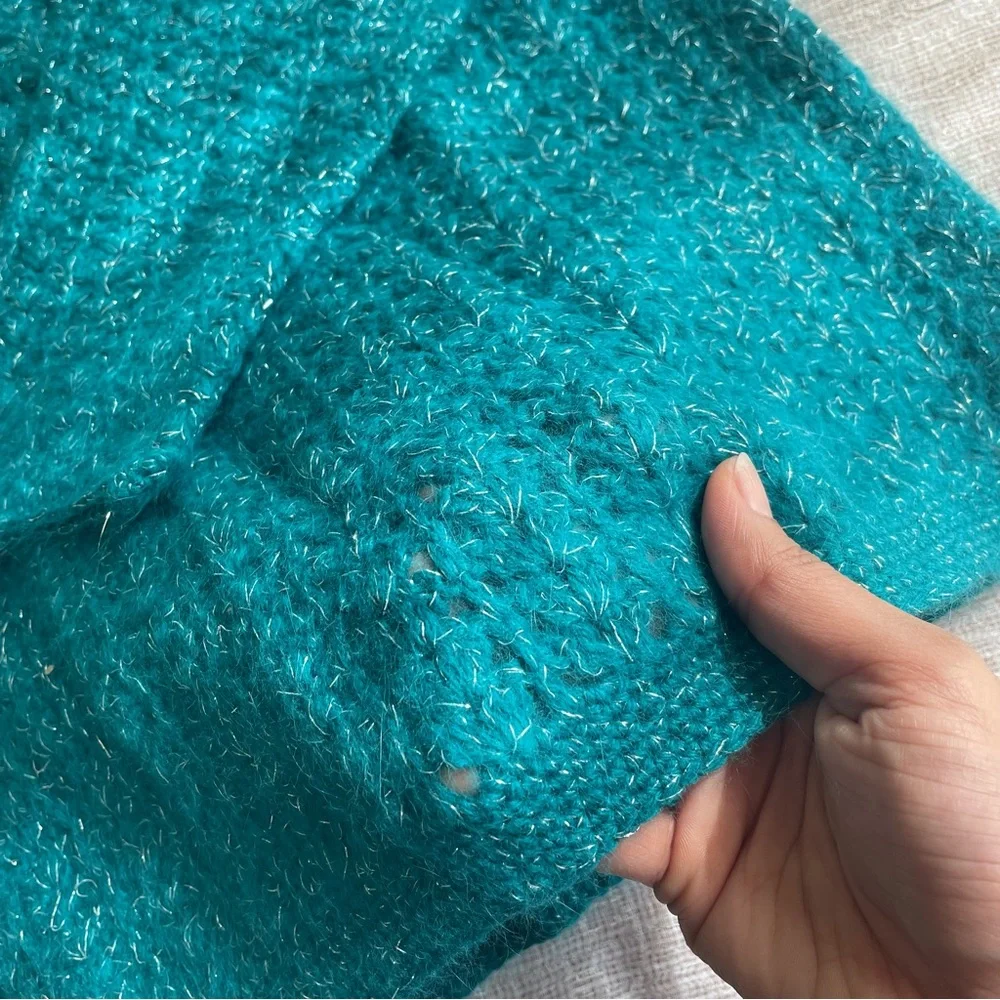 Sea bluish green mettalic woven crochet sweater - Picture 6 of 6